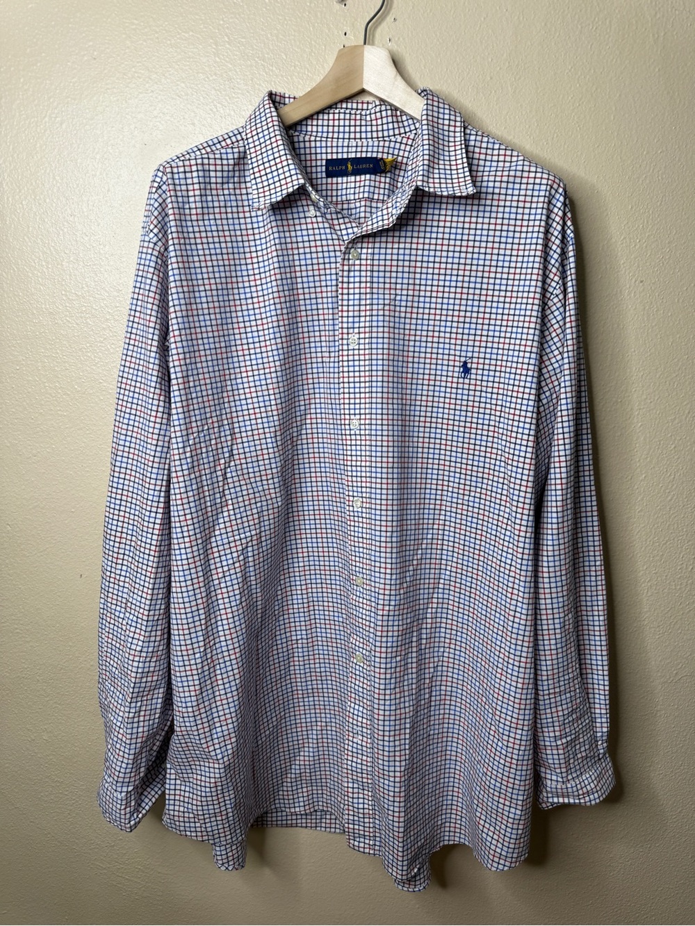 Ralph Lauren Men’s 3XLT White Blue Red Plaid Stretch Button Down Shirt Pony Logo